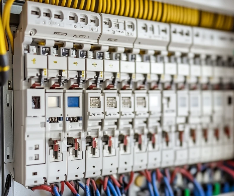 A close-up of a circuit breaker panel with clearly visible electrical components.