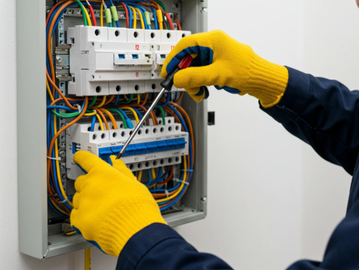 An electrician working on a circuit breaker panel with various electrical wires