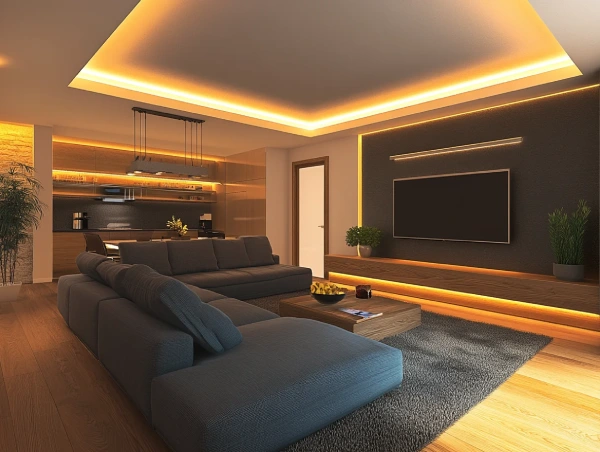Modern living room with energy-efficient LED lighting for enhanced ambiance.
