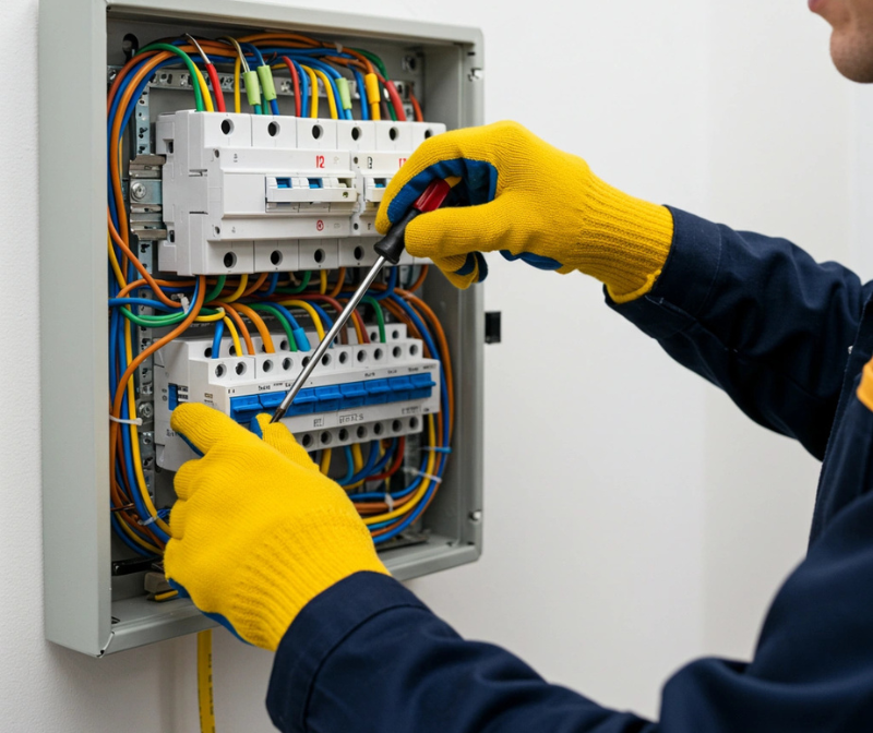 An electrician working on a circuit breaker panel with various electrical wires