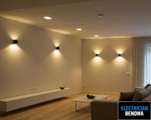 A well-lit room with stylish wall-mounted lights casting soft shadows